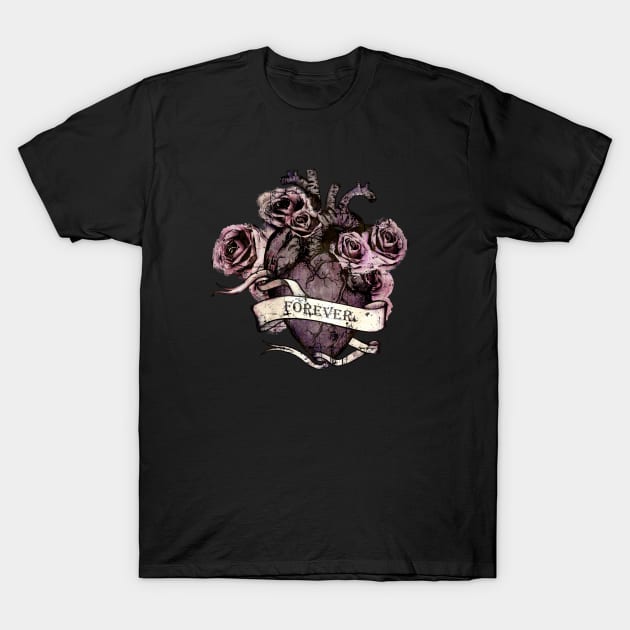 Dark pink roses and Human Anatomy vintage watercolor T-Shirt by Collagedream